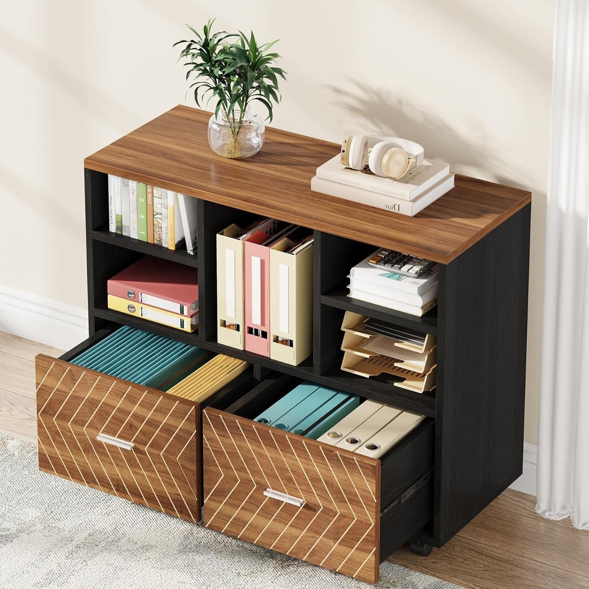Tribesigns 2-Drawer Wood File Cabinet, Mobile Lateral Filing Cabinet for Hanging Letter Size Files, Printer Stand with Open Storage Shelves for Home Office (Walnut & Black)