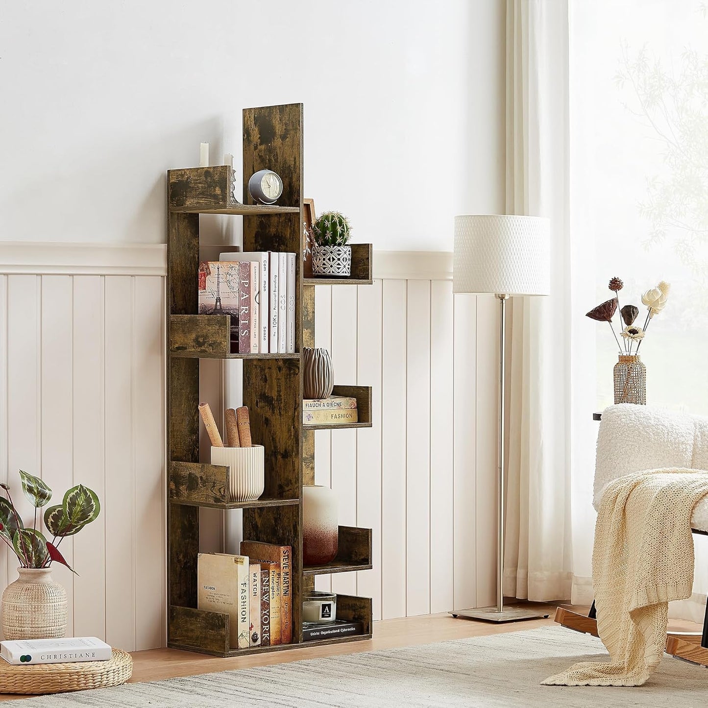 VECELO 8-Tier Tall Cactus-Shaped Tree Bookshelf, Vertical Bookcase with Waterproof Shelves & Rounded Corners, Modern Display Rack for Small Spaces in Living Room, Office, Bedroom, Rustic Brown