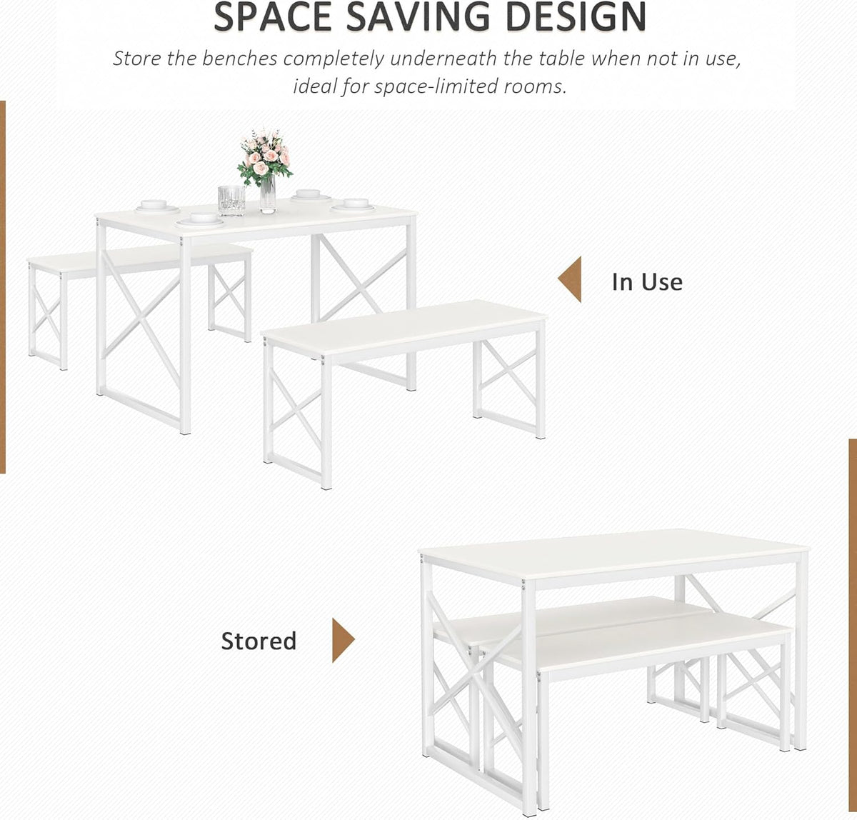 VECELO Dining Table with 2 Benches for 4, 43.3'' Wood Kitchen Room Dinette Sets with Metal Frame for Breakfast Nook and Small Space, White