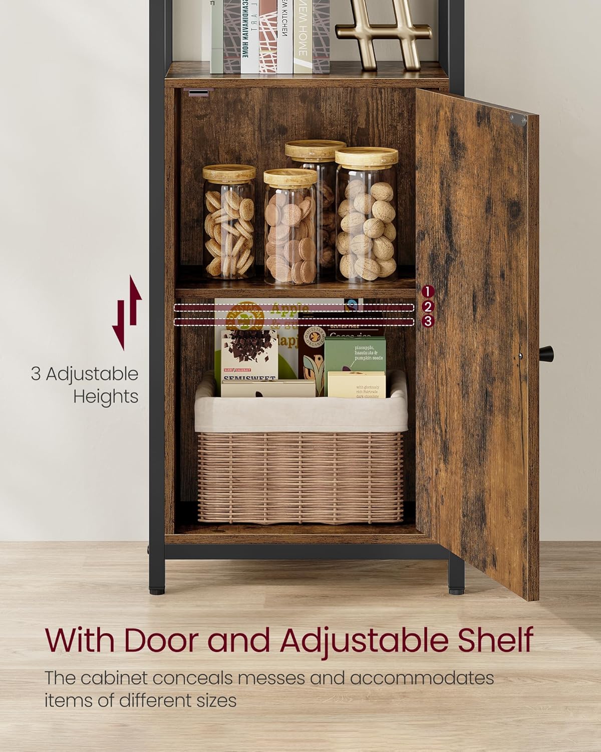 VASAGLE 6-Tier Bookshelf, Tall Bookcase with Cabinet, Steel Frame, Adjustable Shelves, 9.4 x 15.7 x 62.8 Inches, Living Room Bedroom, Rustic Brown and Ink Black ULLS132K01