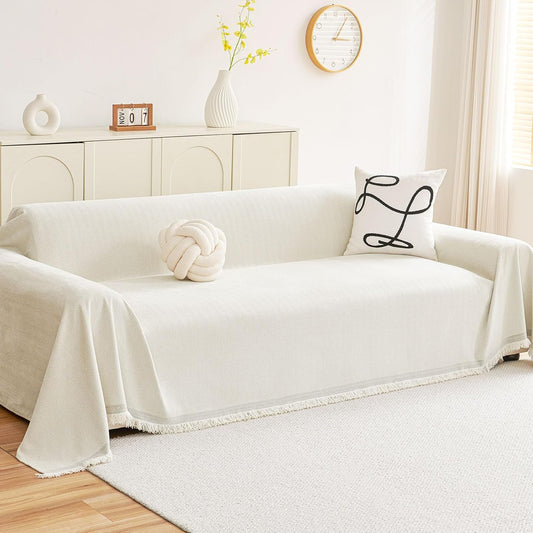 hyha Couch Cover for Dogs, Boho Sofa Covers for 3 Cushion Couch Washable, Chenille Sofa Slipcover for Pets, Soft Loveseat Sectional Couch Throw Blankets with Tassels (Beige, 88.5x150 Inch)