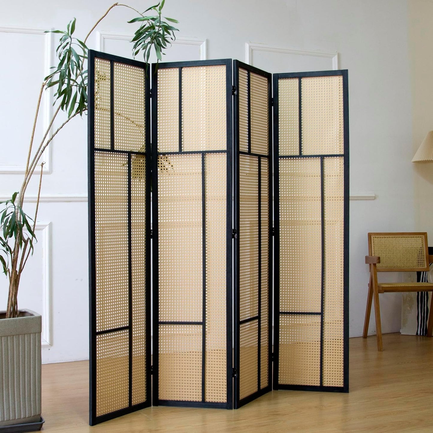 4 Panel Room Divider Screen and Folding Panel Screen,Double Sided Rattan Divider for Room Separation,Brown,67" H x 63" W