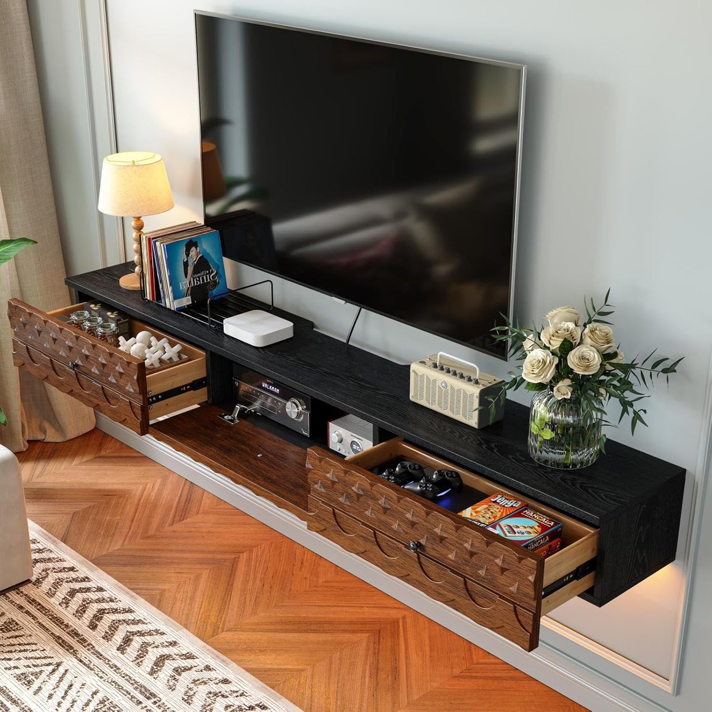 Fully-Assembled Floating TV Stand, Vintage Carved Floating Entertainment Center with Flip-Down Doors & Drawer, Walnut Wood Media Console Shelf Cabinet Under TV Storage for Living Room, 55IN