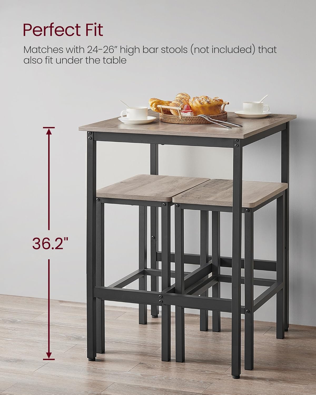 VASAGLE Bar Table, Small Kitchen Dining Table, High Top Pub Table, Height Cocktail Table for Living Room Party, Sturdy Metal Frame, 23.6 x 23.6 x 36.2 Inches for Narrow Spaces, Greige and Black