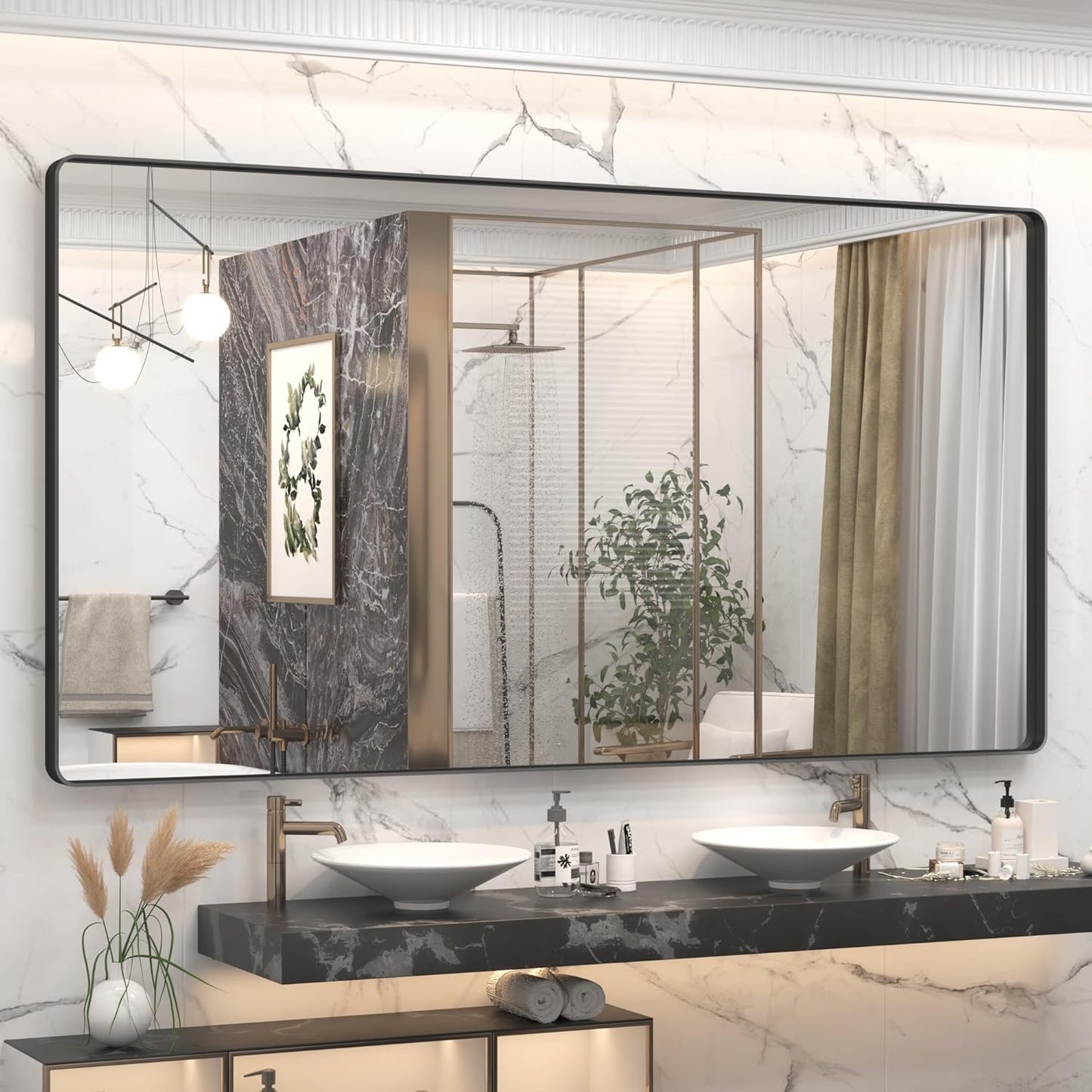 66x36 Inch Black Metal Framed Bathroom Mirror for Wall, Large Rounded Rectangle Mirror, Matte Black Bathroom Vanity Mirror, Anti-Rust, Shatterproof, Hangs Horizontally or Vertically