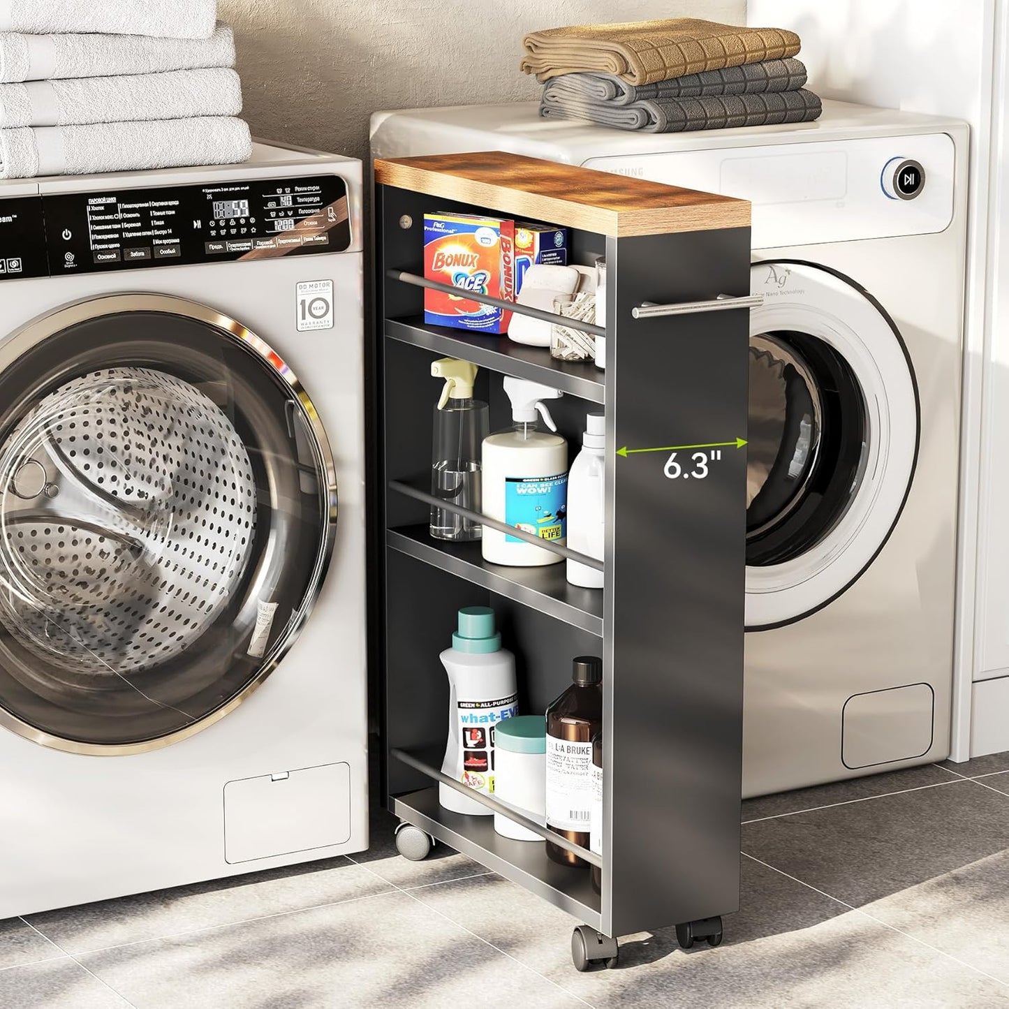 LITTLE TREE Slim Rolling Storage Cart, 3 Tier Snack Cart with Wheels for Kitchen, 6.3 Inch Wide Bathroom Organizer Shelves, Wooden Utility Cart for Laundry Room, Black