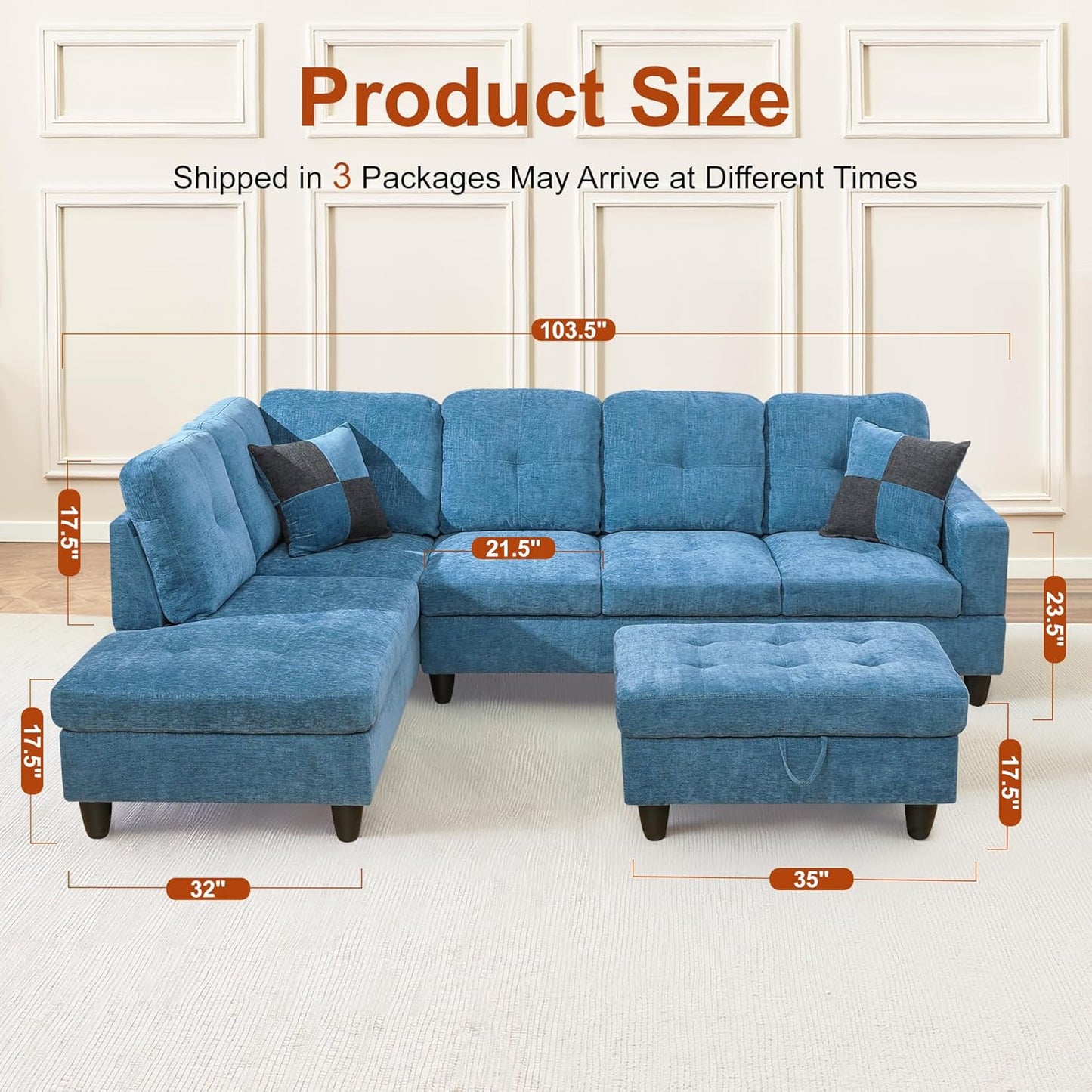 Osparple L Shaped Couch Sectional Couches for Living Room Upholstered Flannel 3 Pieces Modular Sectional Sofa with Chaise, Ottoman with Storage for Living Room and Small Apartment, Steel Blue