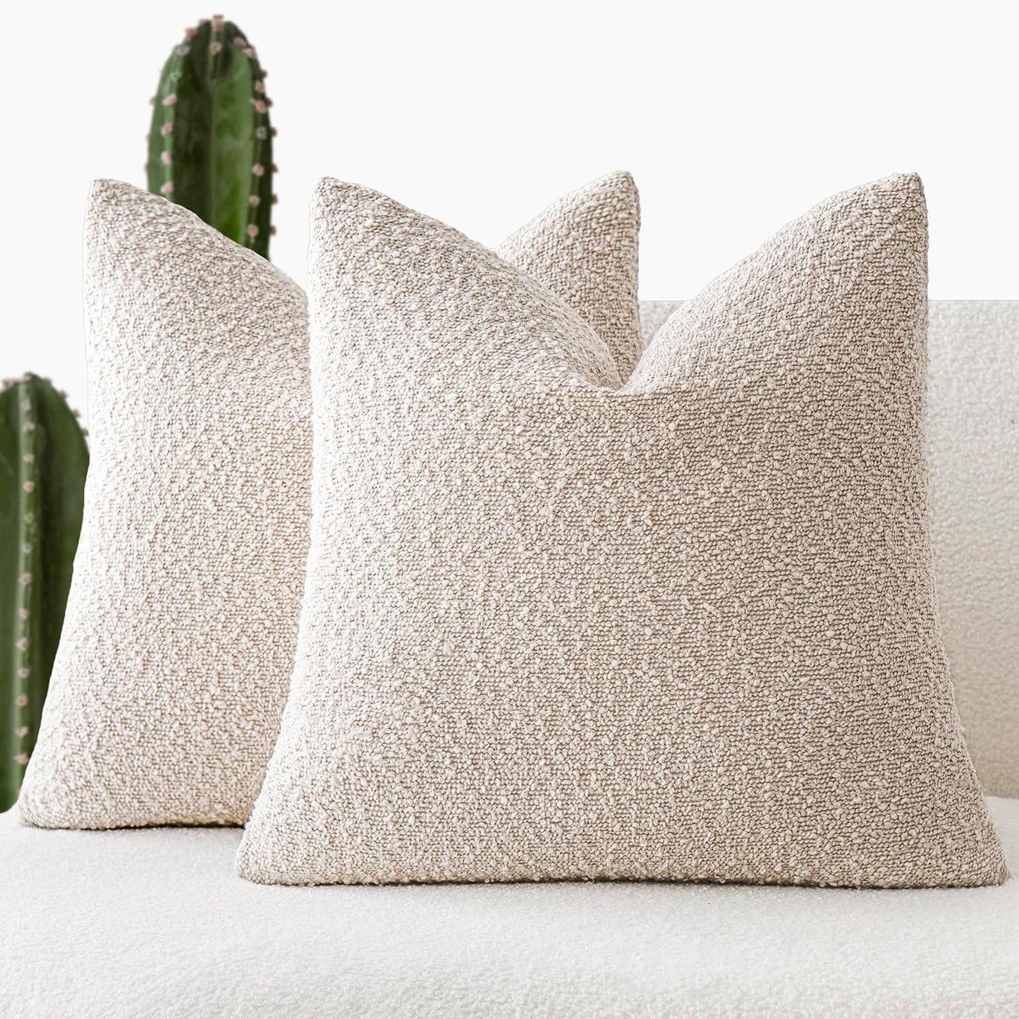 Foindtower Set of 2, Decorative Textured Boucle Throw Pillow Covers Accent Solid Pillow Cases Neutral Cozy Couch Cushion Case for Chair Sofa Bedroom Living Room Home Decor 26 x 26 Inch Ivory Beige
