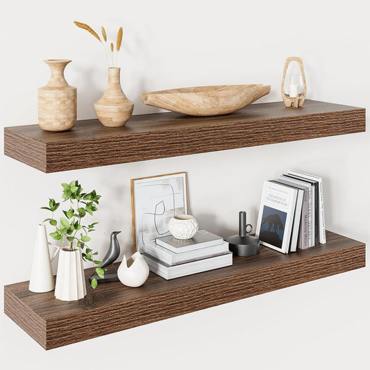 Heimlove 32 Inch Floating Shelves for Wall,Walnut 9.3" Deep Floating Shelf Set of 2,Wall Mounted Shelves for Bathroom Bedroom Living Room Kitchen Office,Shelf for Books Storage Room,Home Decor