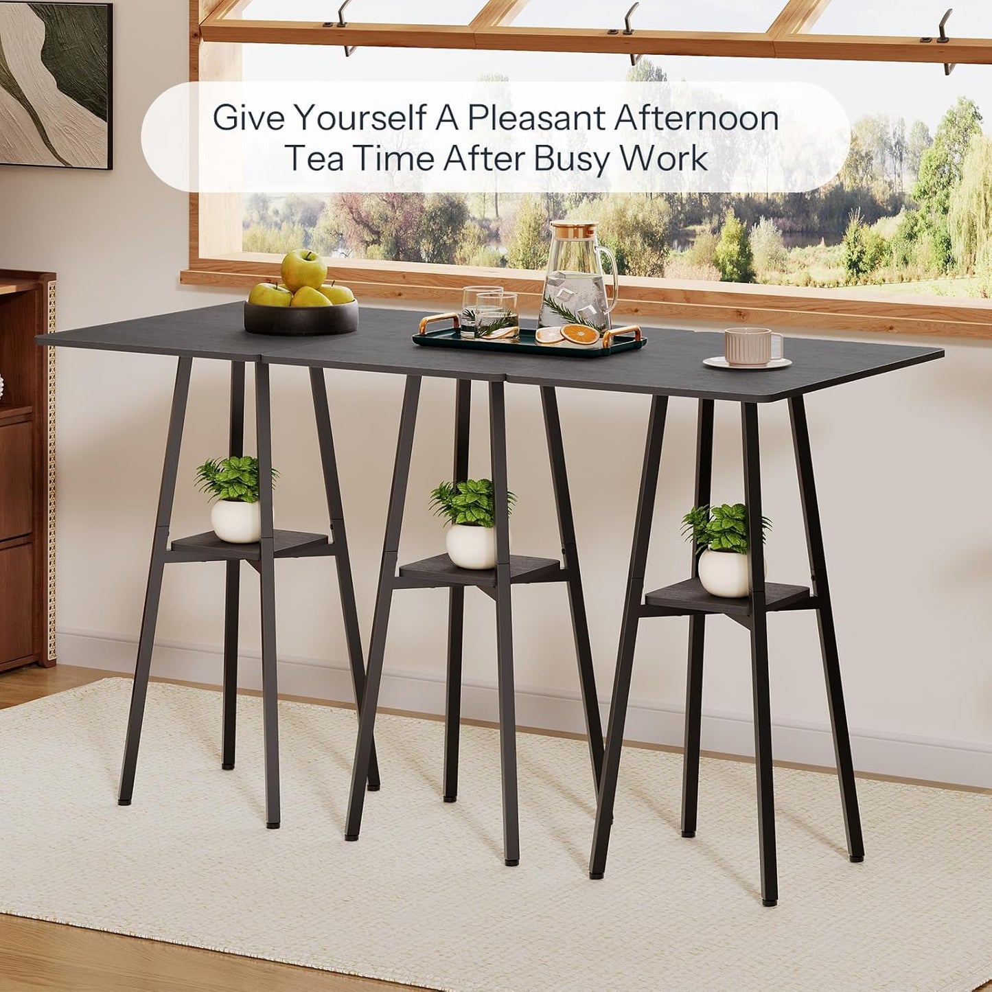 HOOBRO Bar Table, 2-Tier High Top Pub Table, Counter Height Table with Storage, Small Kitchen Dining Table, 36.6" High Bar Table for Living Room Party, Easy to Assemble, Black BB51BT01