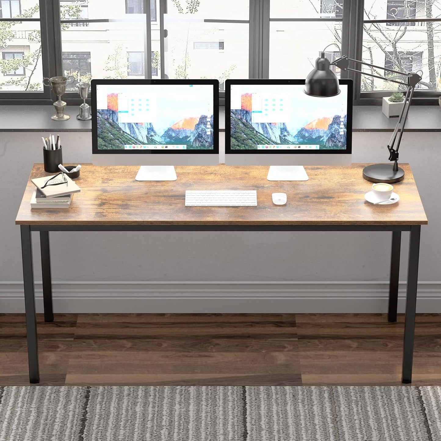 DlandHome 63 inch Computer Desk Home Office Table Writing Desk Study Table Gaming Desk Workstation (63 inch, Rustic Brown)