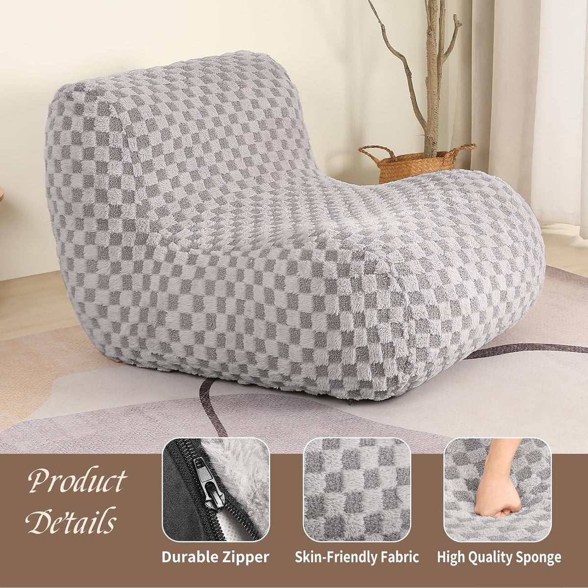 Bean Bag Chairs for Adults, Comfy Floor Sofa with Memory Foam, Giant Bean Bag Couch for Living Room Bedroom Dorm Office, Smoke Grey