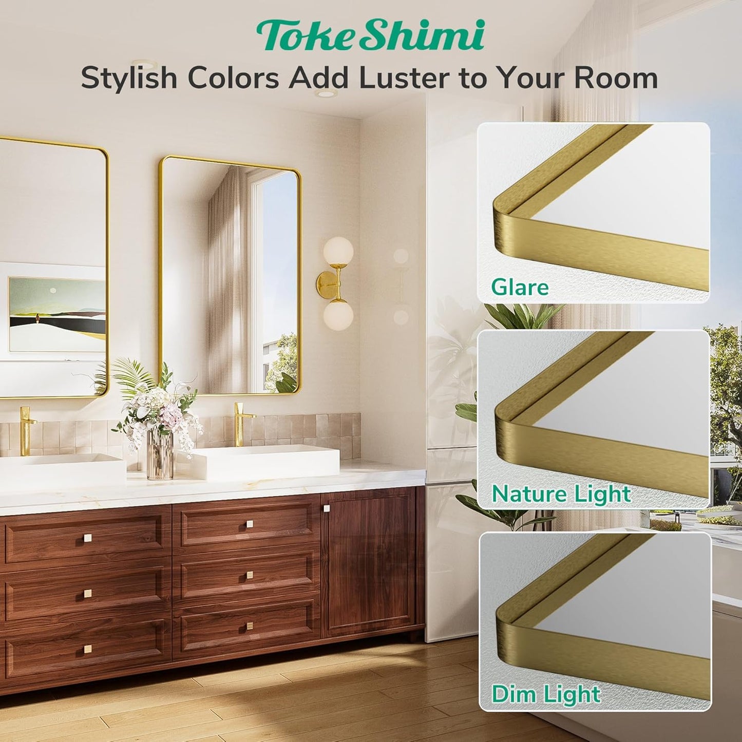 TokeShimi Brushed Gold Bathroom Mirror,40x30 Large Bathroom Mirror Rectangle,Aluminum Vanity Mirror Bathroom Wall with Tempered Glass,Modern Gold Mirror Framed(Horizontal/Vertical)