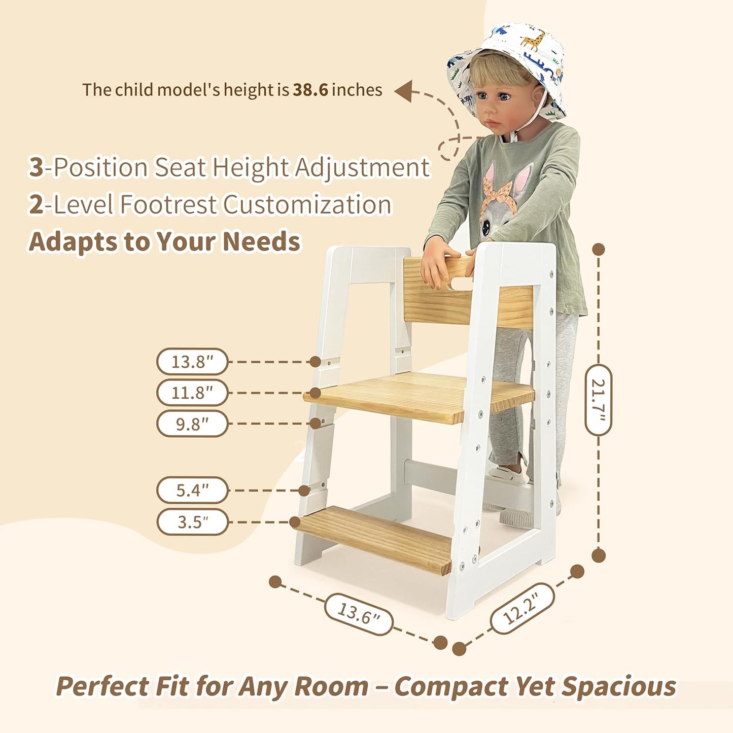 Damoch Family® Compact Toddler Chair & Wooden Step Stool with Adjustable Height – Montessori-Inspired Learning Helper for Kids’ Daily Routines in Kitchen & Bathroom
