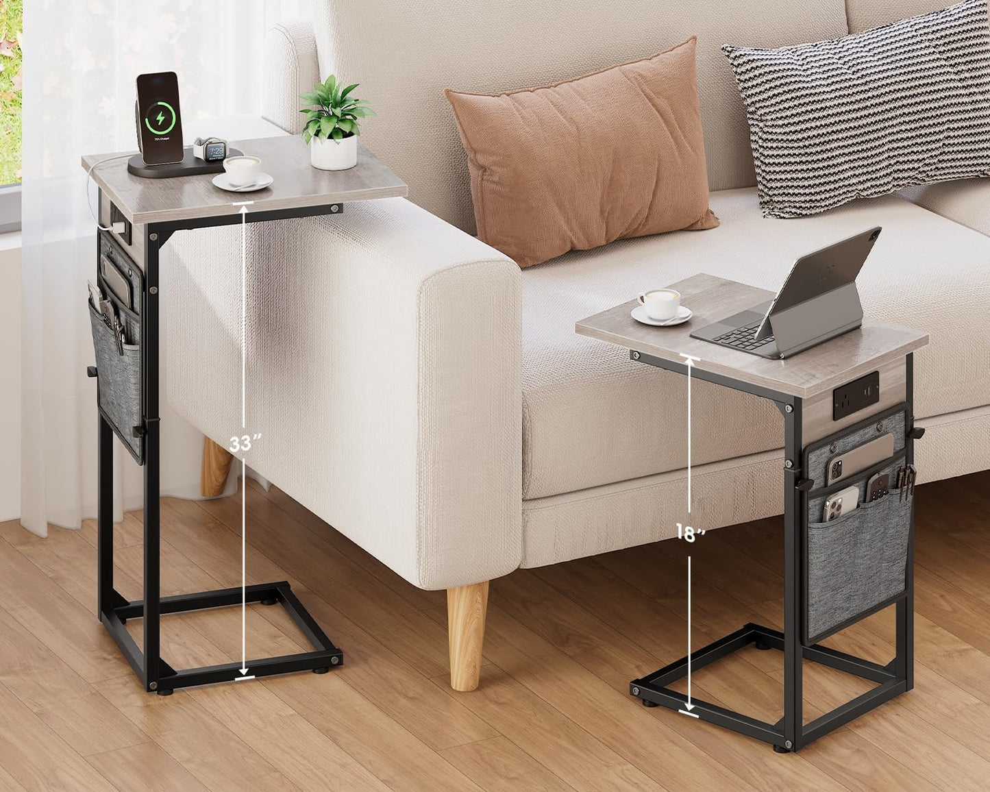 VAGUSICC C Shaped End Table with Charging Station, Adjustable Height Side Table for Couch Recliner, Small Sofa Table with Storage Bag, Slide Under Sofa TV Tray Arm Table for Living Room, Bedroom, Gray