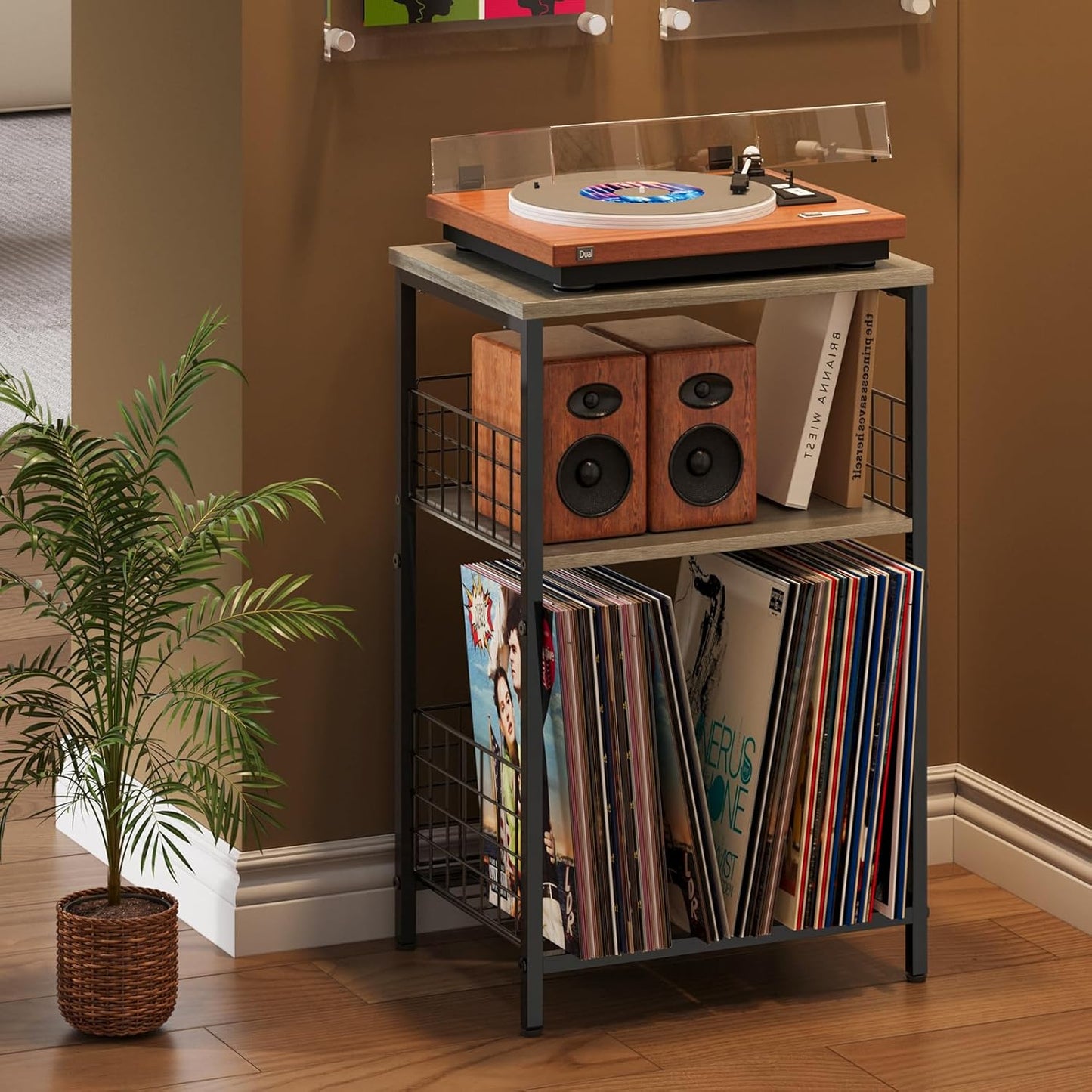 X-cosrack Record Player Stand with Storage Up to 100 Albums, 3 Tier Vinyl Record Storage for Living Room, Turntable Stand with Record Holder & Display Shelf(Patent Pending)(Greige & Black)