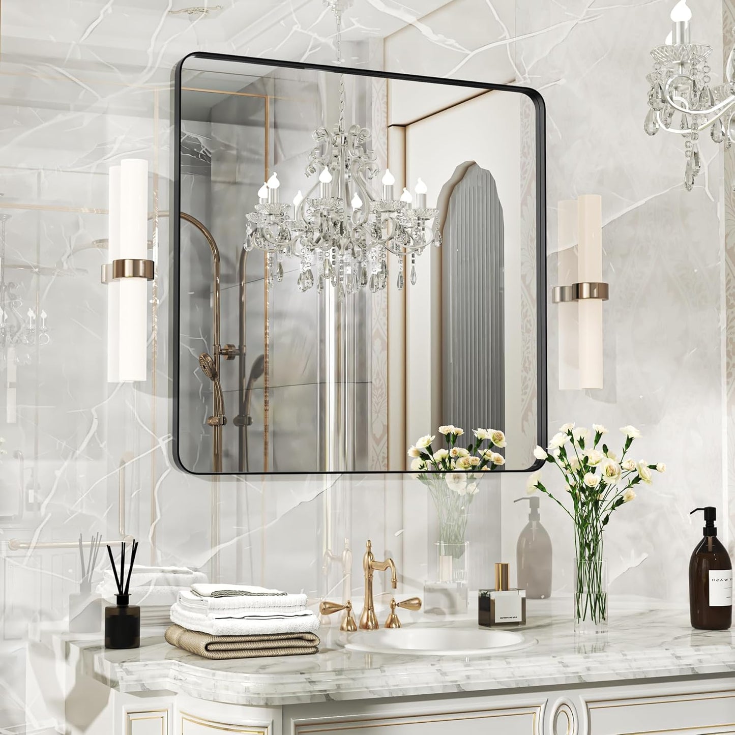 32×32 Black Bathroom Mirror, Rectangular Bathroom Vanity Mirror for Wall with Rounded Corners & Aluminum Alloy Frame, Tempered-Glass, Modern, Farmhouse, Horizontal/Vertical, Entryway, Bedroom