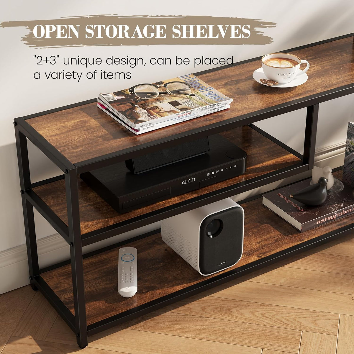 TECHMILLY Modern TV Stand for 65" TV, TV Table with Storage Shelves, Entertainment Center with Metal Frame, TV Console Table for Living Room, Bedroom, Rustic Brown