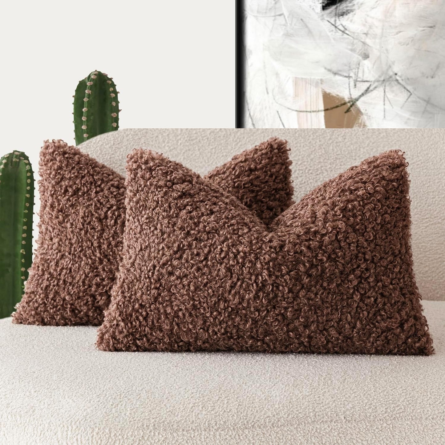 Foindtower Set of 2 Curly Teddy Wool Pillow Covers Decorative Boucle Textured Lumbar Throw Pillow Faux Fur Sherpa Pillowcases Sheepskin Fuzzy Cushion Case for Sofa Bedroom Car 12"x20" Red Brown