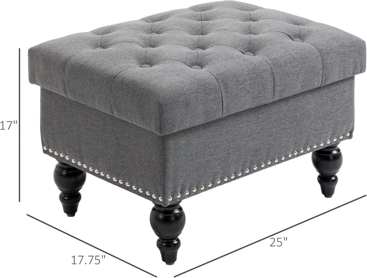 HOMCOM Ottoman with Storage for Living Room, 25" Storage Ottoman with Removable Lid, Button-Tufted Fabric Bench for Footrest and Seat with Wood Legs, Gray
