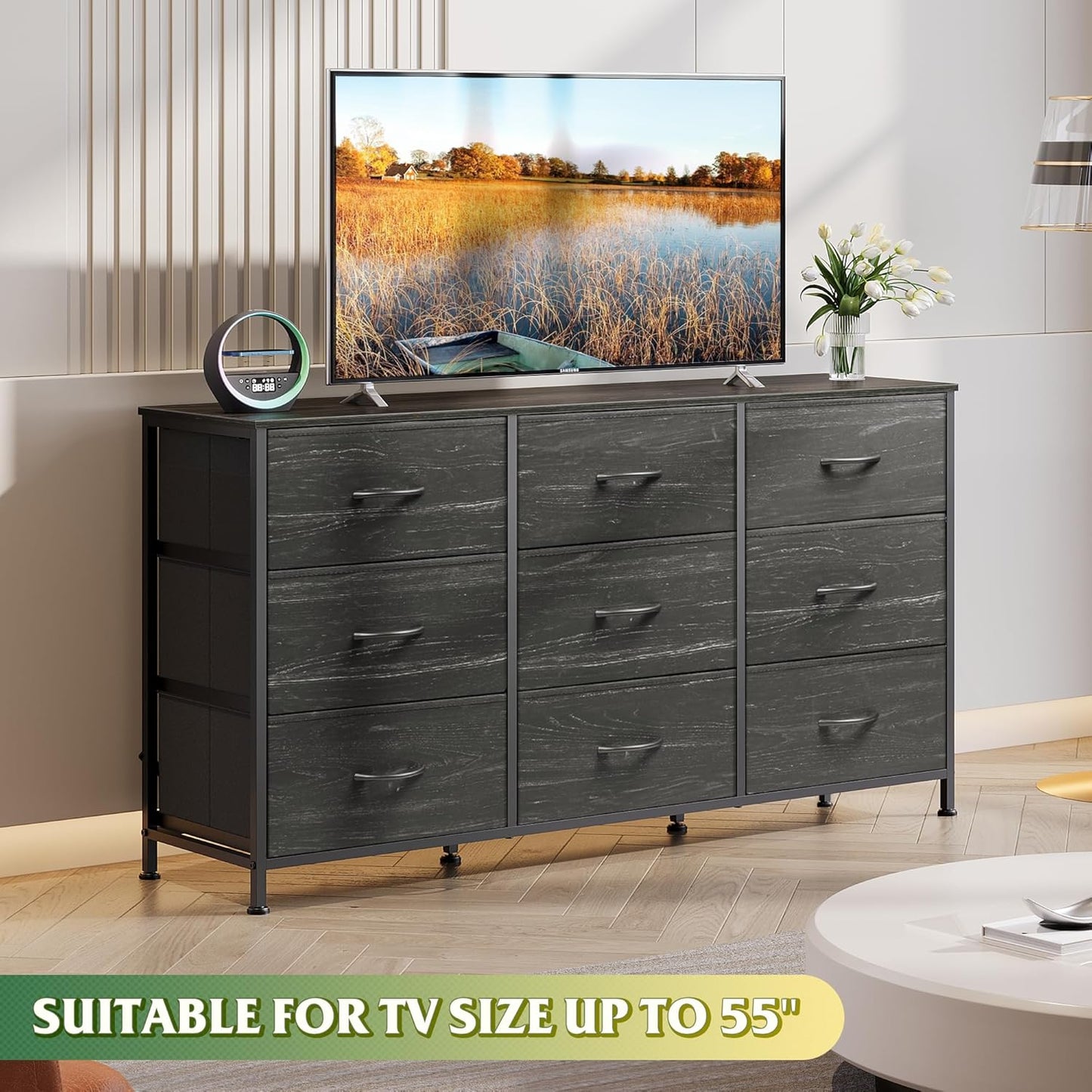 WLIVE 47''W Dresser for Bedroom, Black Dresser TV Stand for 45, 50, 55 inch TV, Wide Chest of Drawers with 9 Drawer, Large Entertainment Center, Fabric Dressers with Wood Top for Closet, Living Room