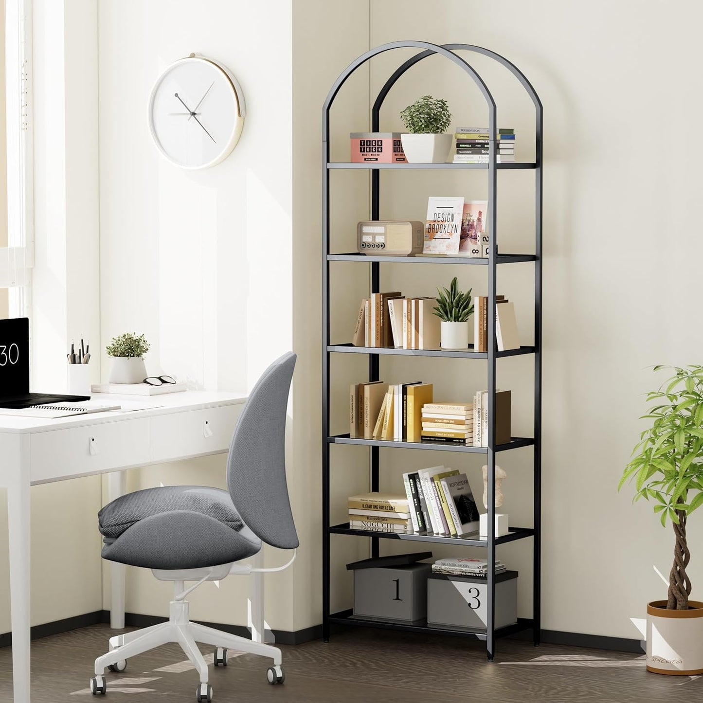 Homhedy Bookshelf Arched Display Racks,Metal Bookcase,Tempered Glass Shelves,Storage Rack Shelf for Home Office,Living Room,Bedroom, Bathroom,Modern Style (Black, 11.8" D x 23.6" W x 73.6" H)