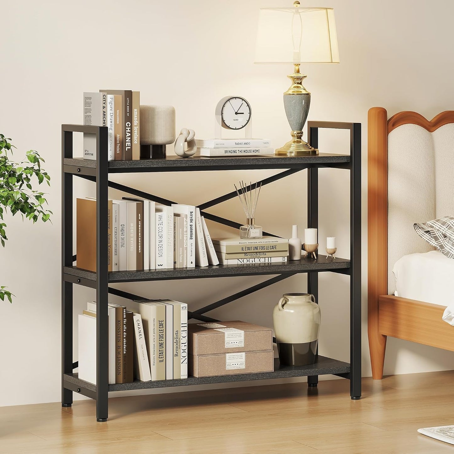 Homeiju 3 Tier Bookshelf 31.49" Width, Wood and Metal Etagere Bookcase, Vintage Farmhouse Modern Wooden Big Book Shelf for Home Living Room Bedroom Office Storage(Grey)