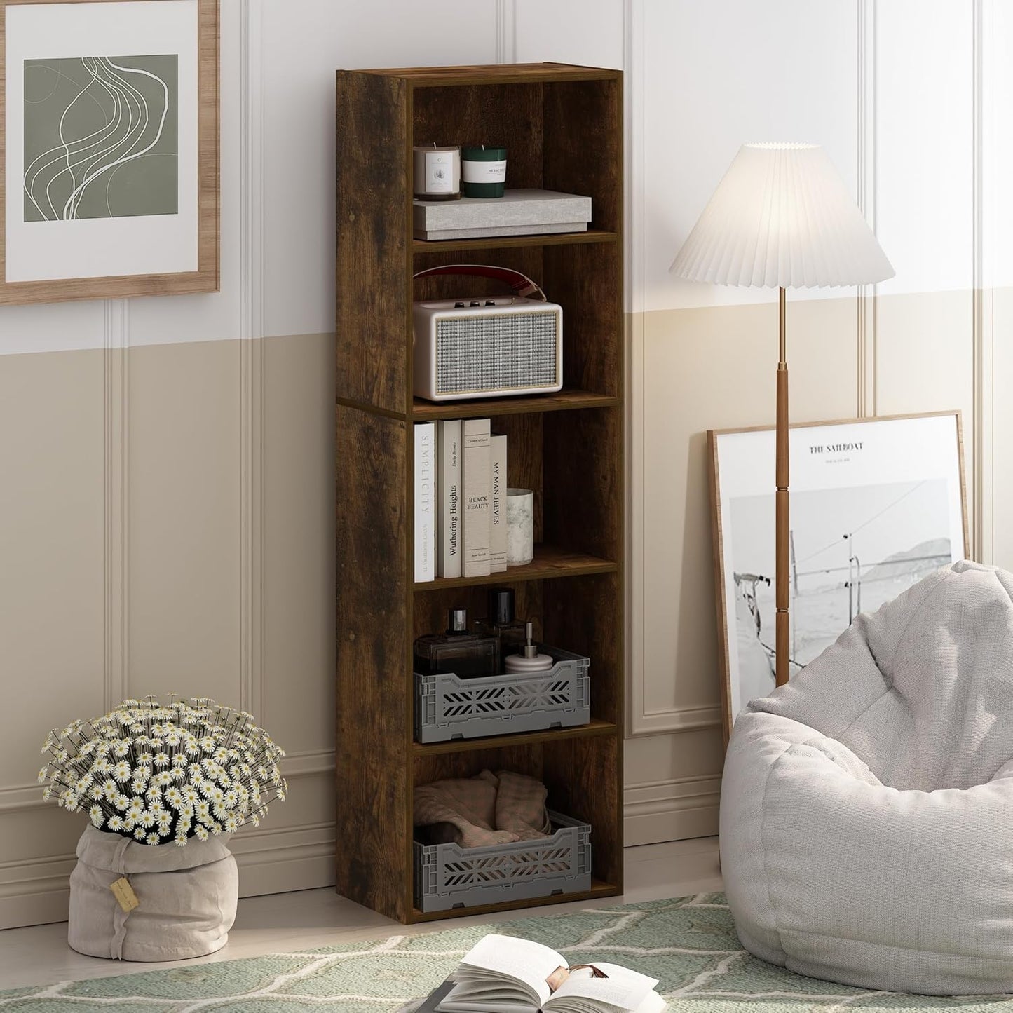 Furinno Luder 5-Tier Open Shelf Bookcase, Bookshelf, Amber Pine