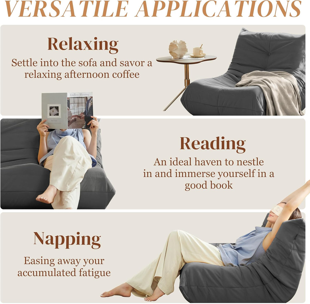 Bean Bag Chair, Fireside Chair Bean Bag Sofa for Adults, Bean Bag Chairs for Teens with High-Resilience Foam, Memory Foam & Non-Slip Base Bean Bag for Living Room, Bedroom, Office (Suede, Dark Gray)
