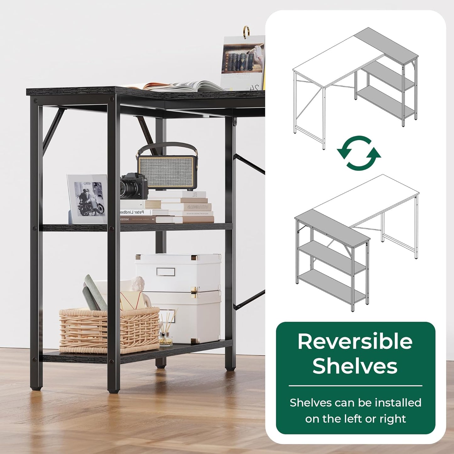 Huuger L Shaped Desk, 39 Inches Computer Desk with Reversible Storage Shelves, Gaming Desk, for Corner Home Office Writing Study, Metal Frame, Black
