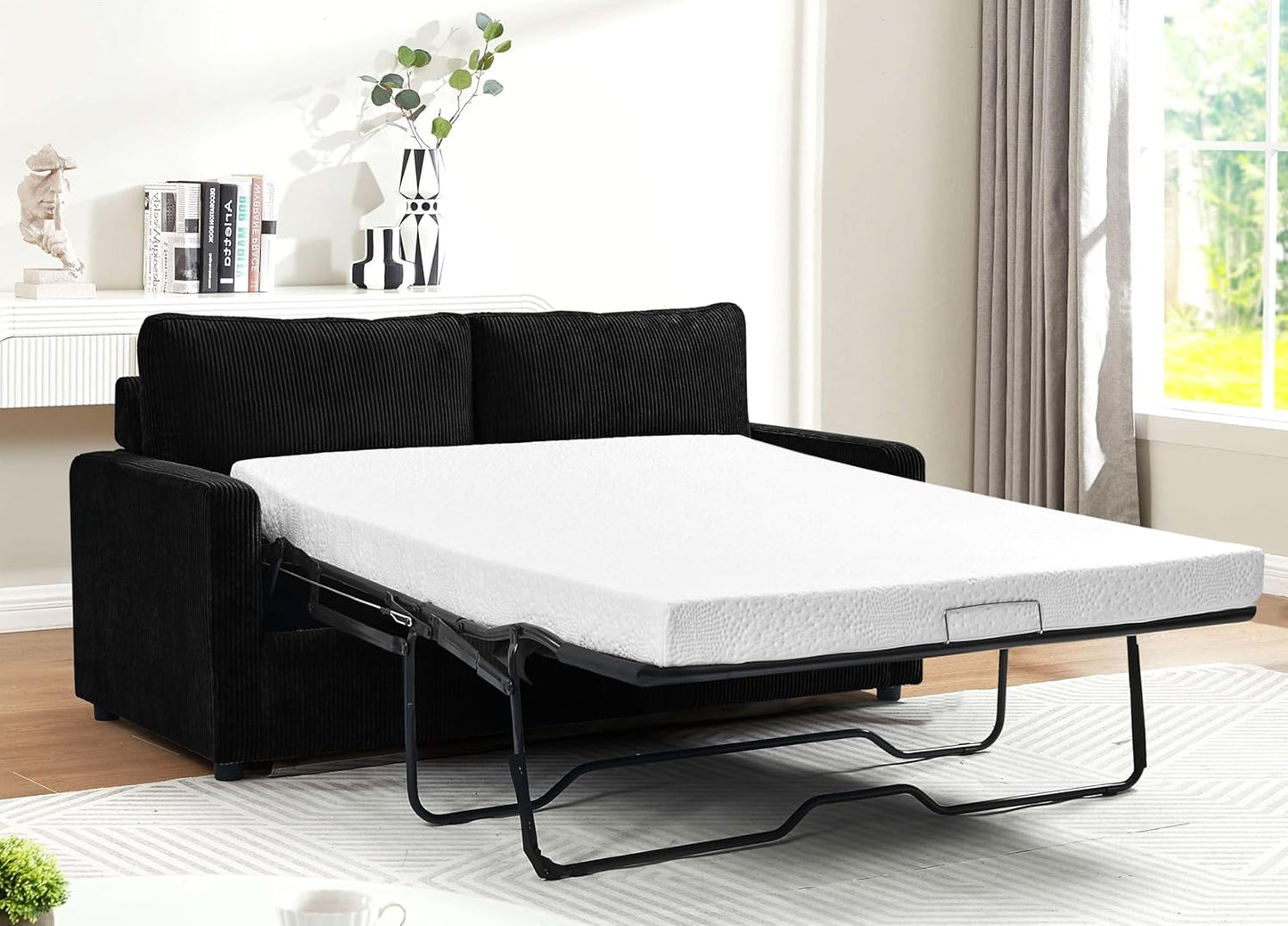 Reversible Sleeper Sofa Bed with Comfortable Memory Foam Mattress, Convertible Corduroy Full Size Pull Out Couch for Living Room, Space Saving Furniture, 70" Wide, Rectangular Arms, Black