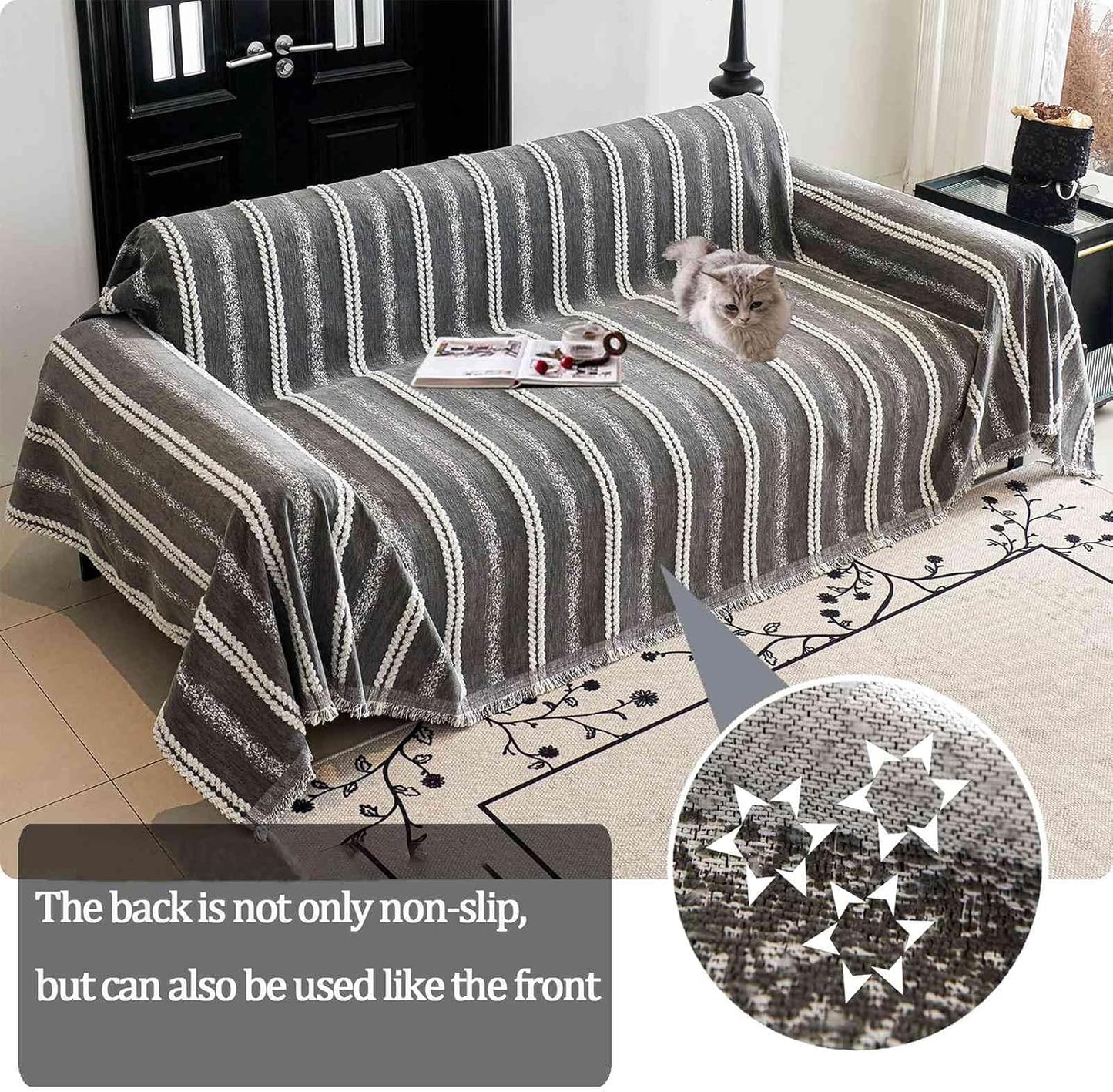 Couch Cover for Dogs Washable Sofa Cover, Sectional Couch Covers, Sofa Covers for 2 Cushion Couch, Non Slip Stripe Sofa Slipcovers Furniture Protector, Couch Protector from Cat Claws, Grey,71''x150''