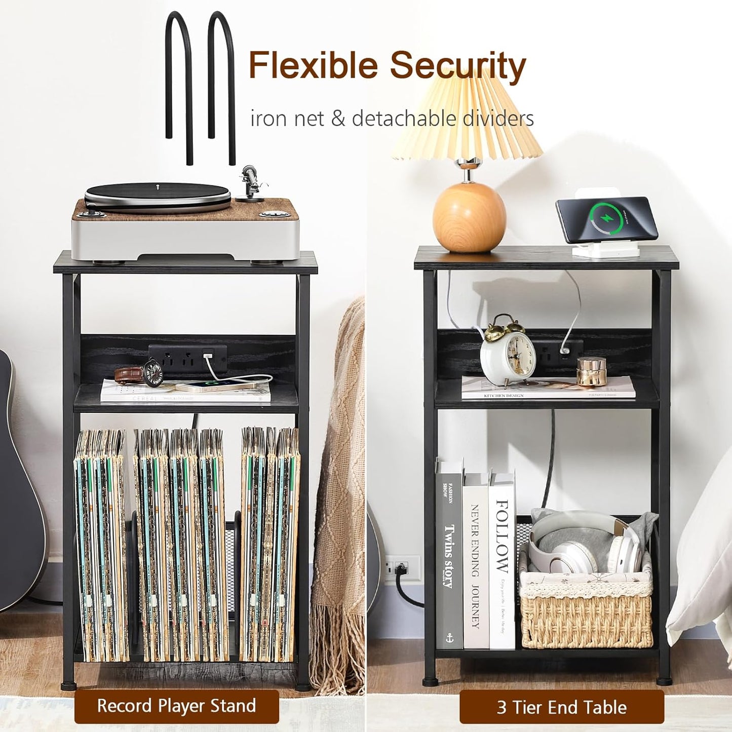 AMHANCIBLE Record Player Stand with Charging Station, Turntable Stand with Storage Cabinet, 3 Tier End Table Hold Up to 100 Albums, Record Stand for Vinyl, Living Room, Black, HETCD01BK-1