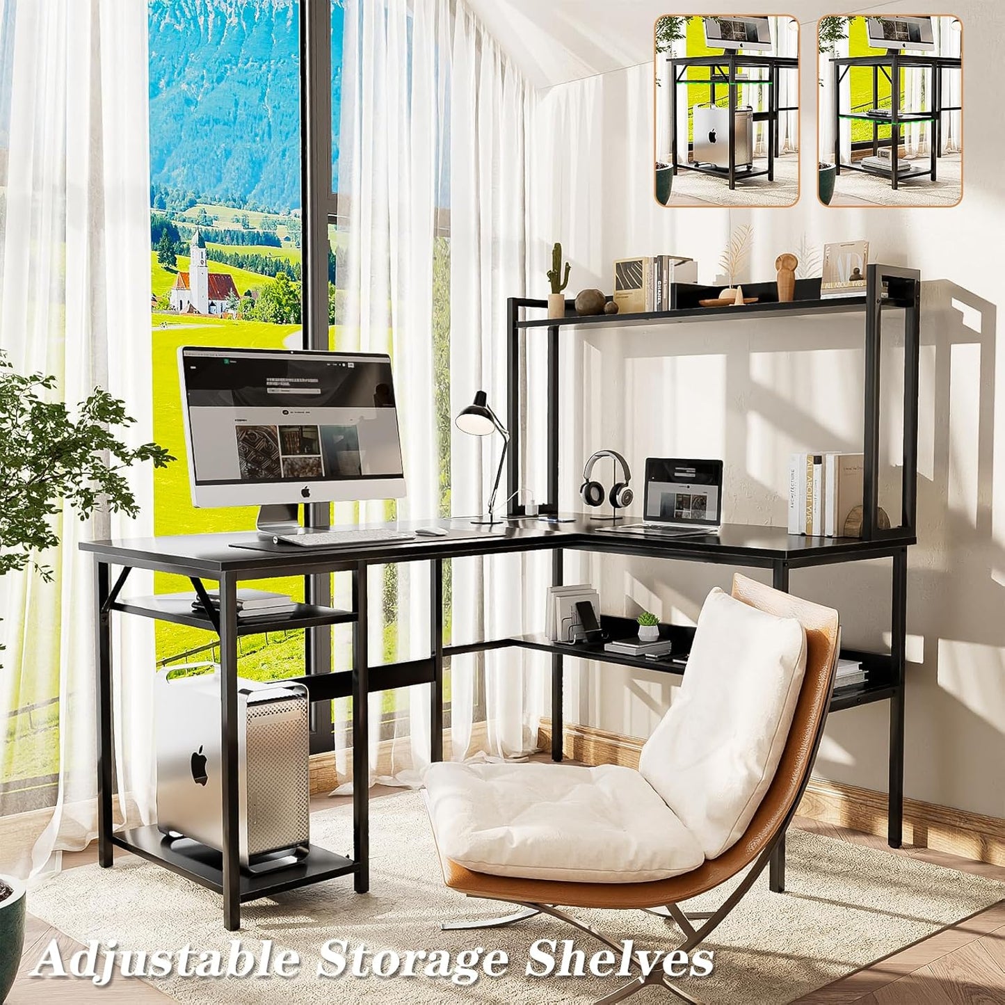 L Shaped Computer Desk with Hutch and Storage Shelves, Gaming Desk with LED Lights, Reversible L-Shaped Desk with Power Outlets, Home Office Desk, Corner Desk, Black