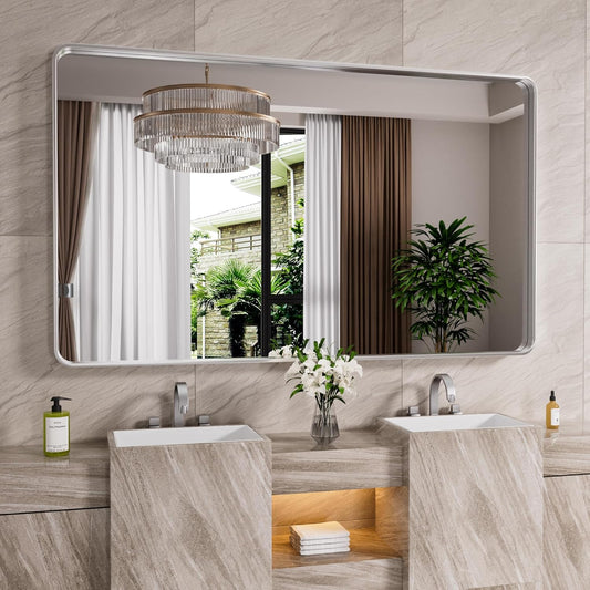 Brushed Nickel Bathroom Mirror 55x30 Inch, Brushed Silver Metal Frame Mirror Wall Mounted, Rounded Rectangle Bathroom Vanity Mirror, Tempered Glass, Anti-Rust, Horizontal/Vertical