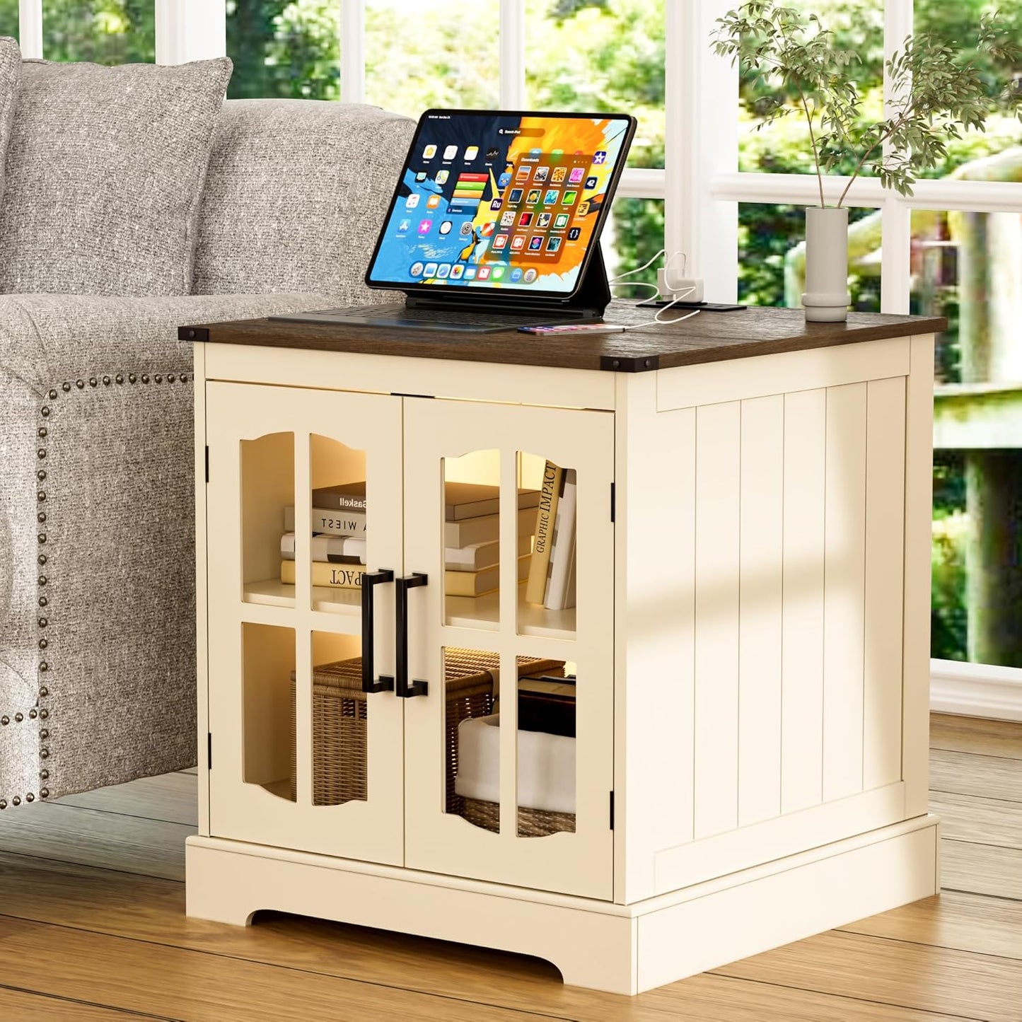 ChooChoo Farmhouse End Table, 24" Large Sofa Side Table with Charging Station & LED Light, Nightstand with Adjustable Storage Shelf, Square Bedside Table for Living Room Beige (Cream Mix with White)
