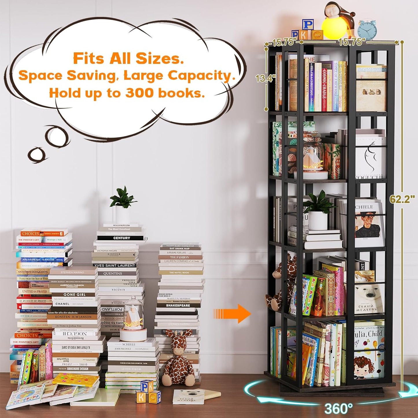 Aheaplus Rotating Bookshelf, Corner Bookcase, 360 Display Wood Spinning Bookshelves, Floor Standing Bookcase Narrow Shelf,5 Tiers, Grey Oak