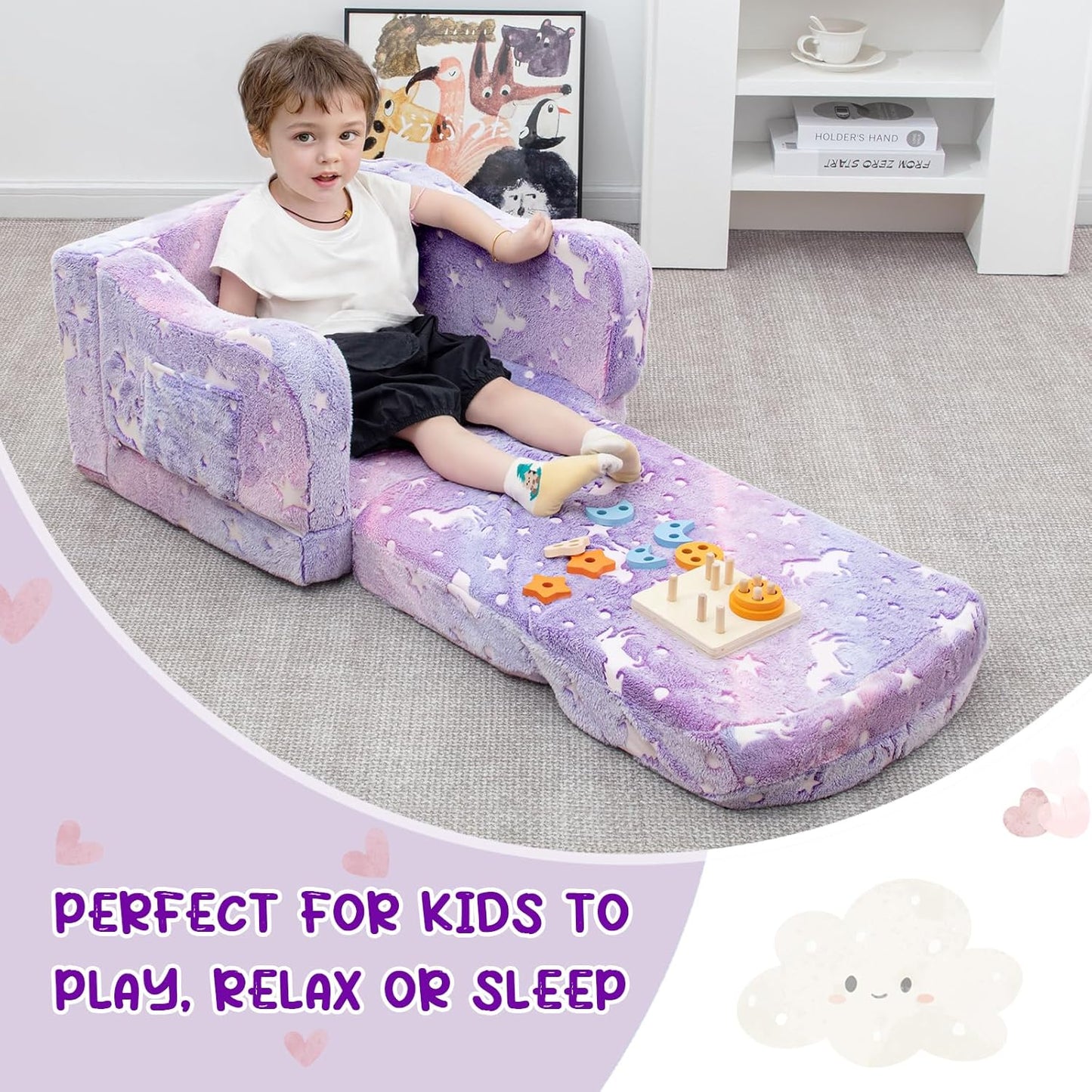Comfy Toddler Couch and Chair for Kids with Blanket, 2-in-1 Soft Plush Fold Out Kids Sofa Chairs for Girls and Boys, Convertible Sofa to Lounger for Playroom