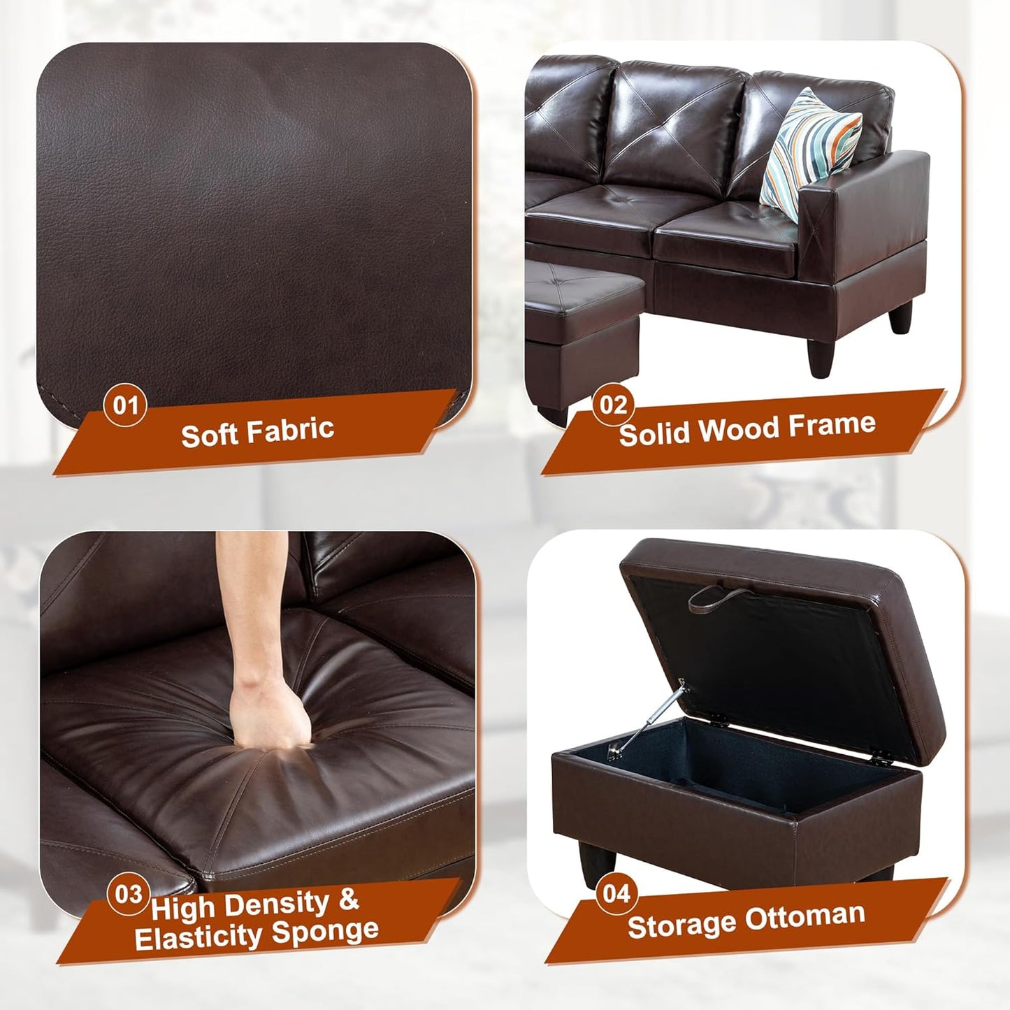Osparple L Shaped Couch Faux Leather Sectional Couches for Living Room Upholstered 3 Pieces Modular Sectional Sofa with Chaise, Ottoman with Storage for Living Room and Small Apartment, Brown