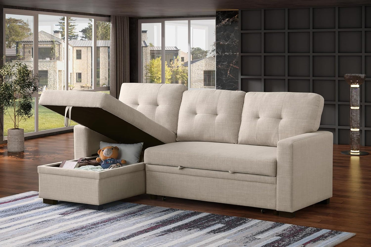 Devion Furniture Meridian 4-in-1 Convertible L Shaped Couch with Pull Out Bed and Storage, Sectional Sleeper Sofa with Reversible Chaise for Living Room, Apartment, Bedroom, Office