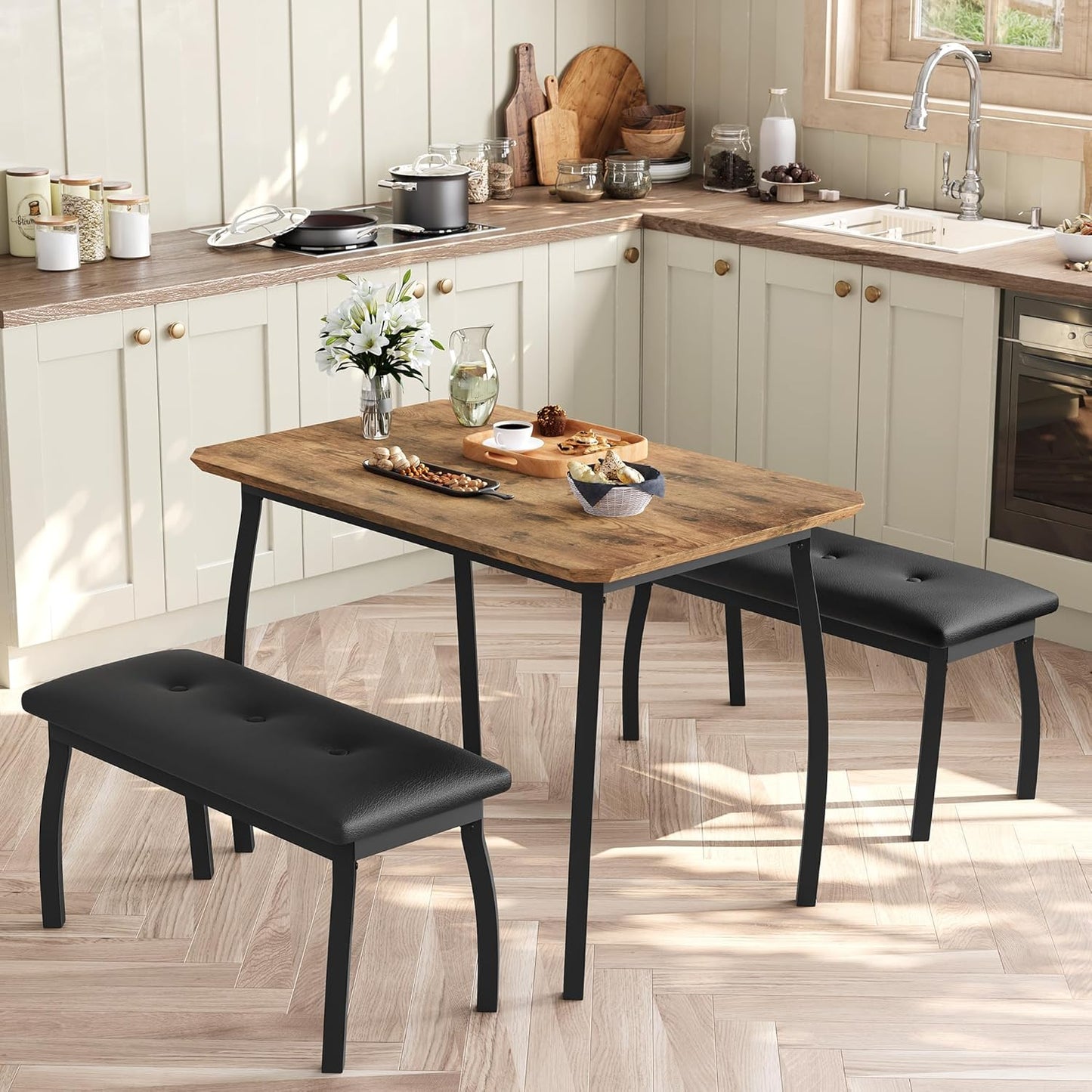 GAOMON Dining Table Set for 4, Metal Frame Kitchen Table Set with 2 Upholstered Bench, 3 Piece Dining Room Table Furniture for Apartment, Studio, Home, Easy Assembly, Retro Brown