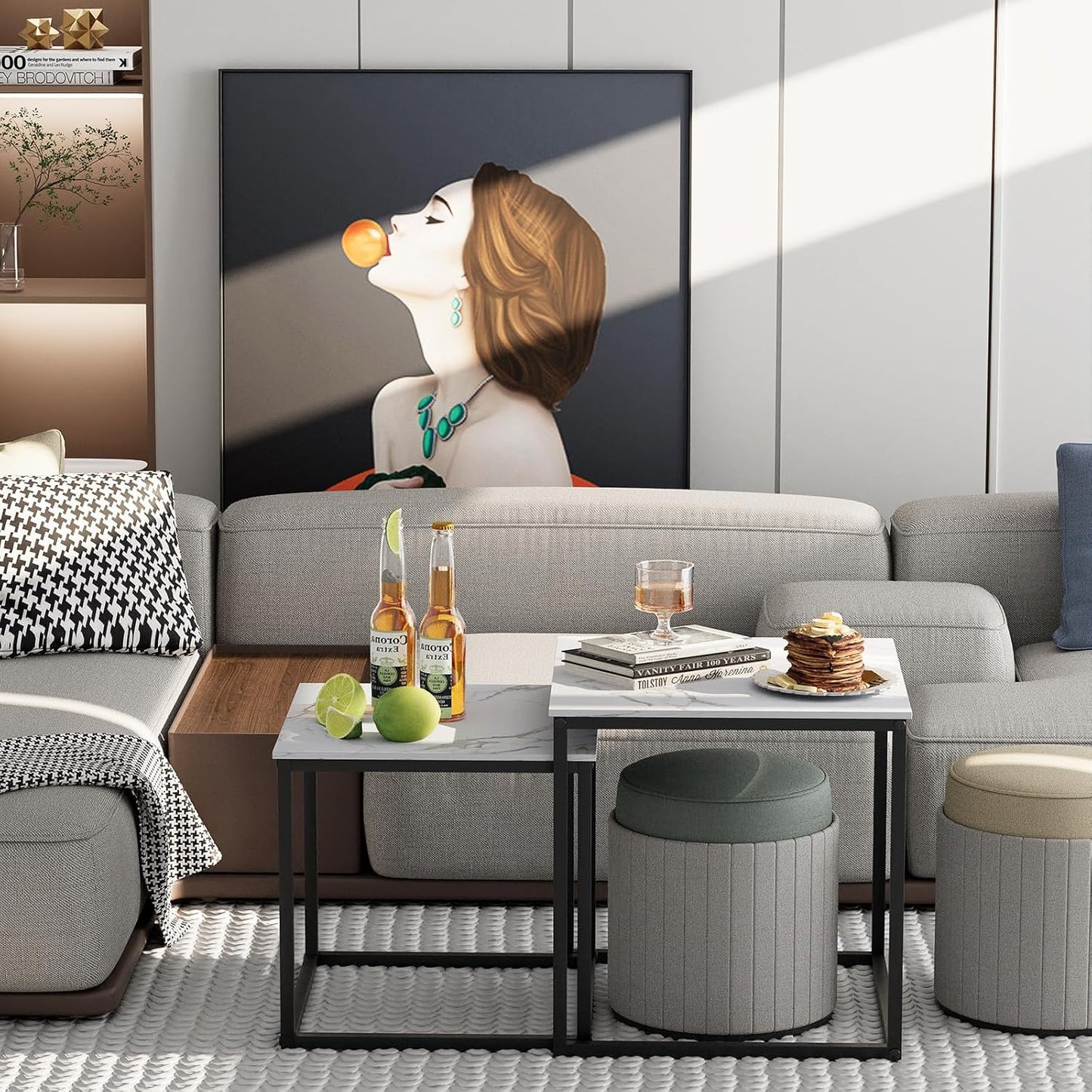 Garden 4 you Coffee Table Set of 2, Modern Faux Marble Nesting Table, Metal Frame Square Center Table Set, Side Tables, Nesting Coffee Table for Living Room, Bedroom and Small Spaces, 19.7in Black