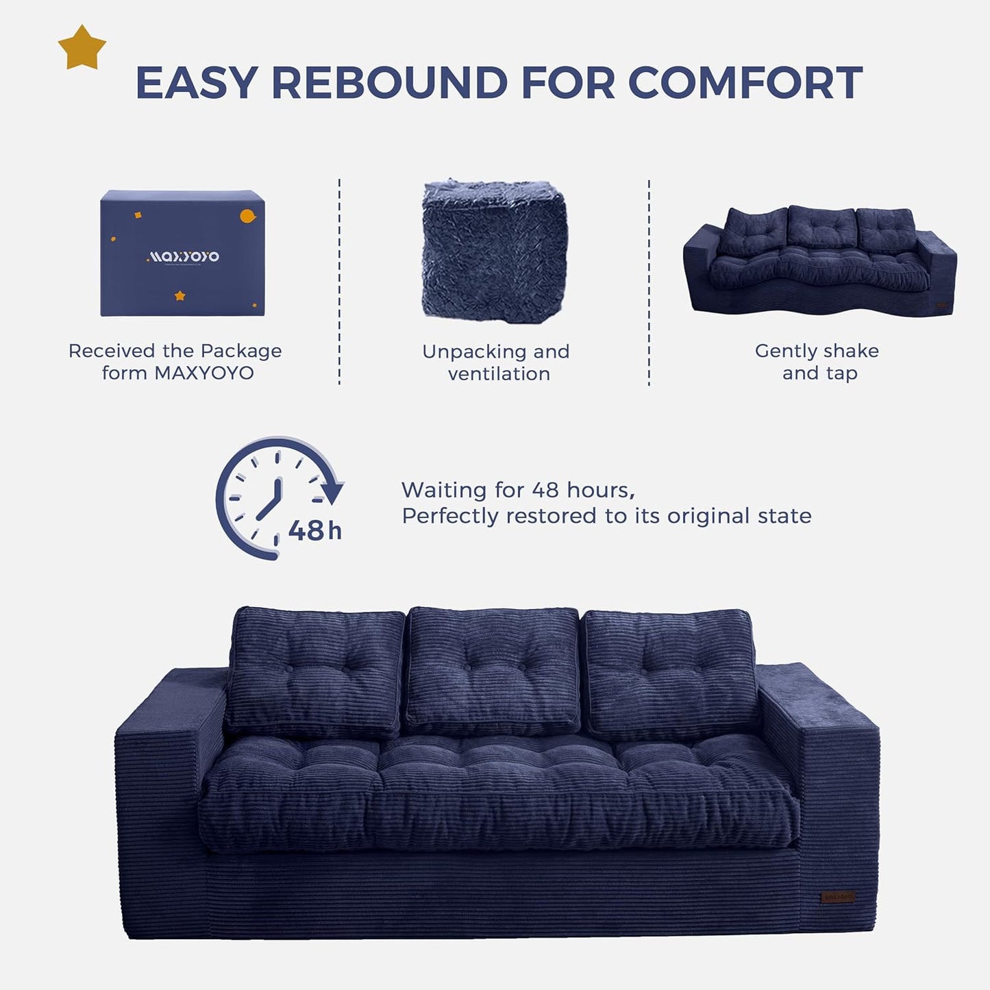 MAXYOYO 3 Seater Couch for Living Room, Boneless Couch with Tufted Cushion & Backrest, Upholstered Floor Sofa with Armrests, Sofa in A Box, No Assembly Required, Navy