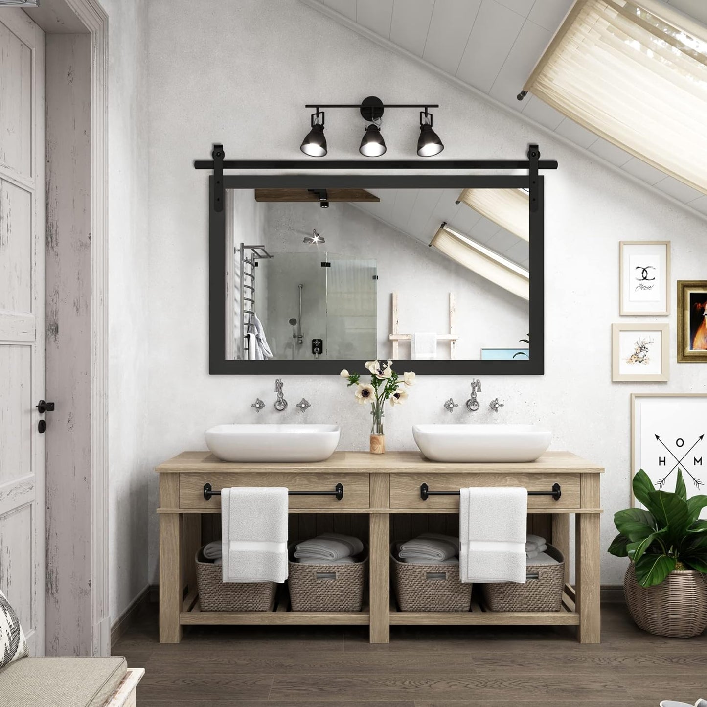 Black Farmhouse Mirror for Wall, 40x26INCH Large Wood Framed Square Bathroom Mirrors for Vanity, Barn Door Style Mirrors Wall Mounted Dresser Decor Mirror Living Room Bedroom Horizontal