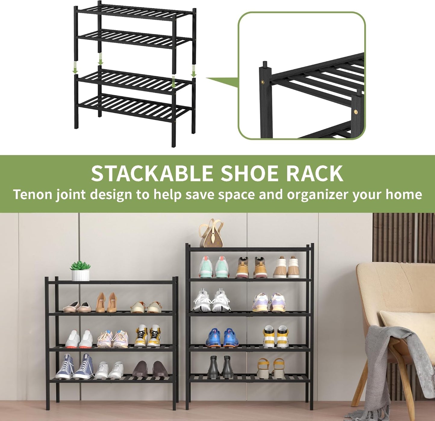 4 Tier Bamboo Shoe Rack for Closet Free Standing Wood Shoe Shelf for Entryway Small Space Stackable 27"x11"x26" (Black)