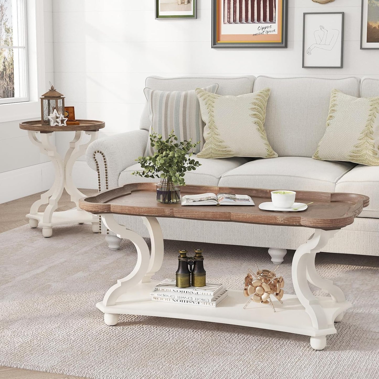 Function Home Farmhouse Coffee Table, Rustic White Cocktail Table with Storage Shelf, Sofa Table with Natural Tray Top and Carved Legs for Living Room Furniture Dining Room, Vintage White