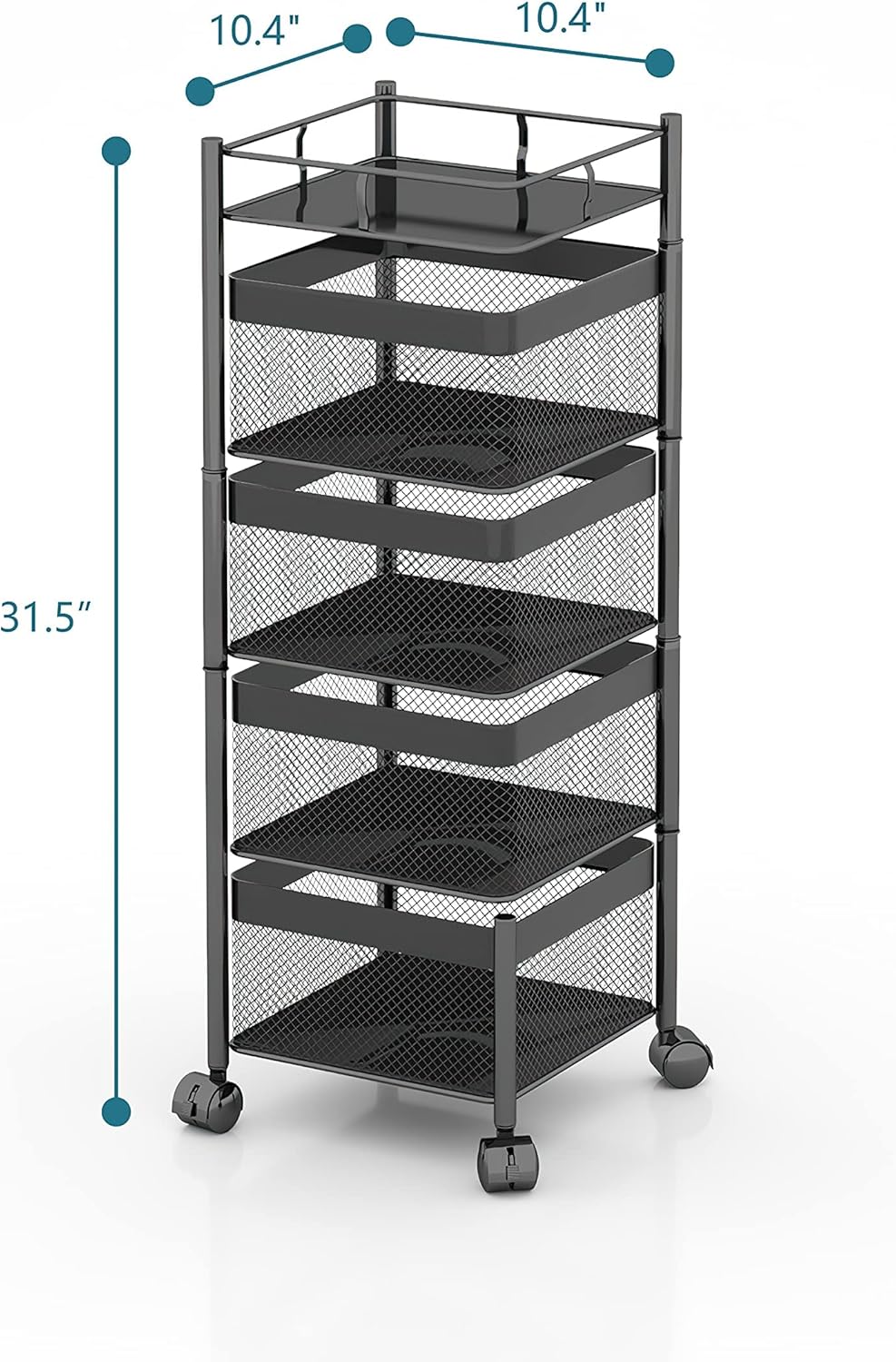 Rotating Kitchen Storage Rack，Bathroom Shelf，Kitchen Organization and Storage，Bathroom Storage Organizer，Fruit Basket，Rolling Carts with Wheels(Black, 4 Tier-Square)