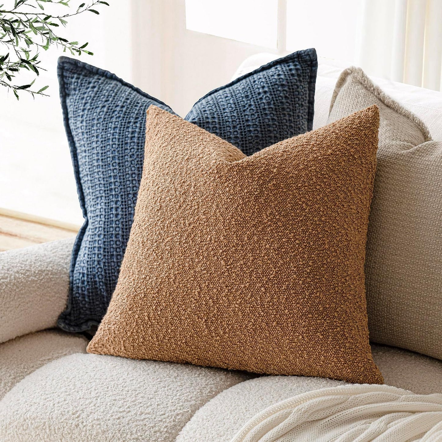 Foindtower Set of 2, Decorative Textured Boucle Throw Pillow Covers Accent Solid Pillow Cases Neutral Soft Couch Cushion Case for Chair Sofa Bedroom Living Room Home Decor 24 x 24 Inch Rust Tobacco