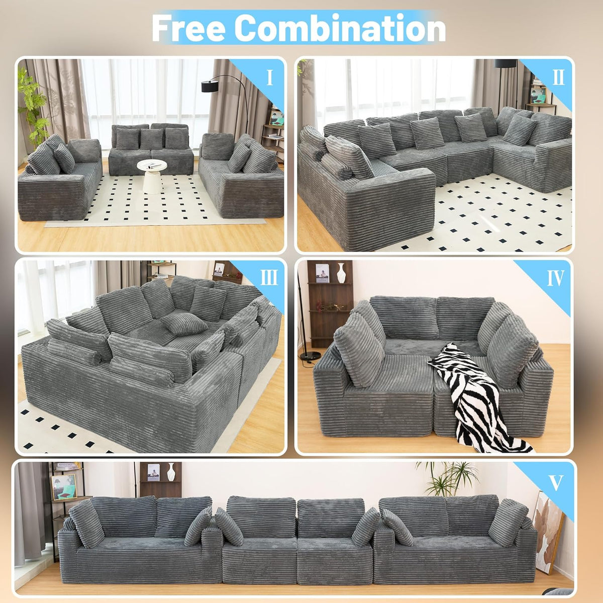 KEIKI 135" U Shape Sectional Sofa,6-Seater Modular Couch with Striped Corduroy Fabric for Living Room,Customizable Design