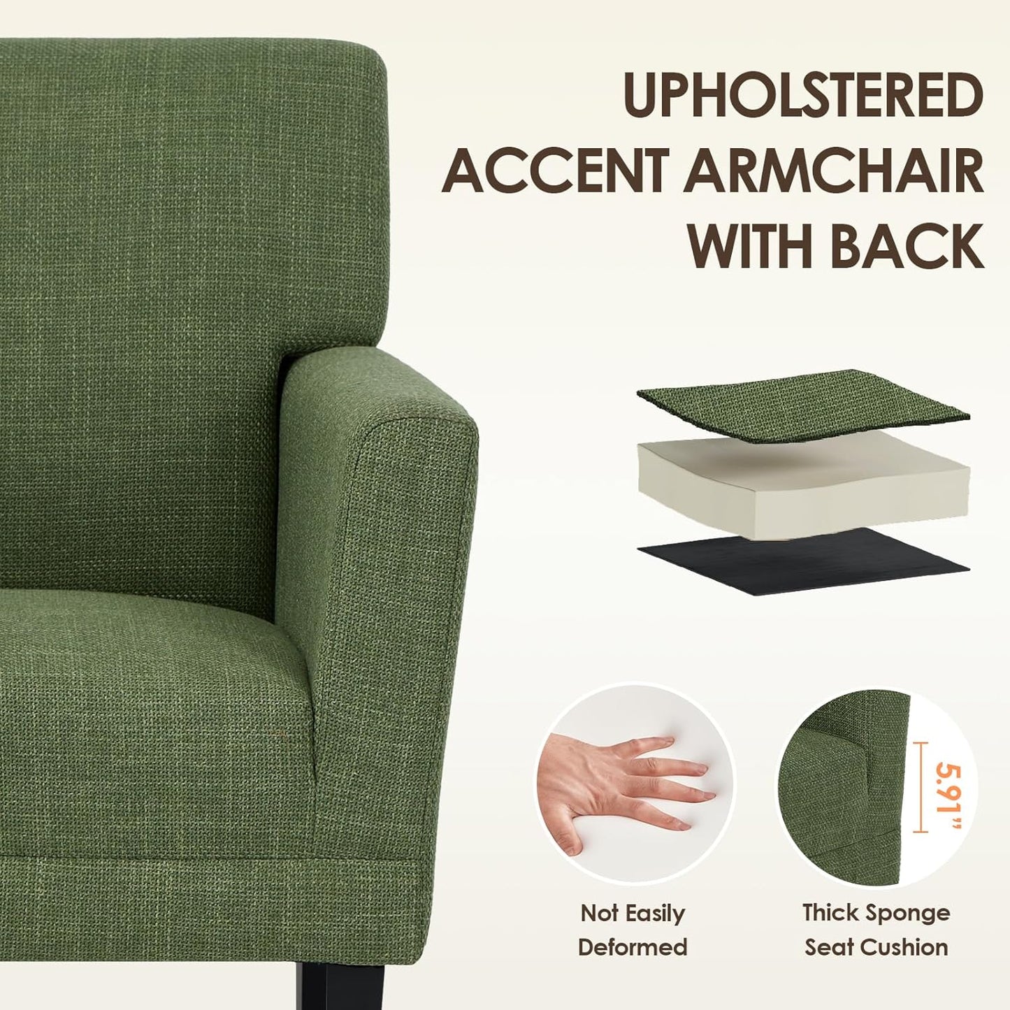COLAMY Modern Accent Chair for Living Room, Upholstered Fabric Accent Armchair with Back, Soft Single Sofa Chair with Arms for Bedroom/Office/Reception Room, Green